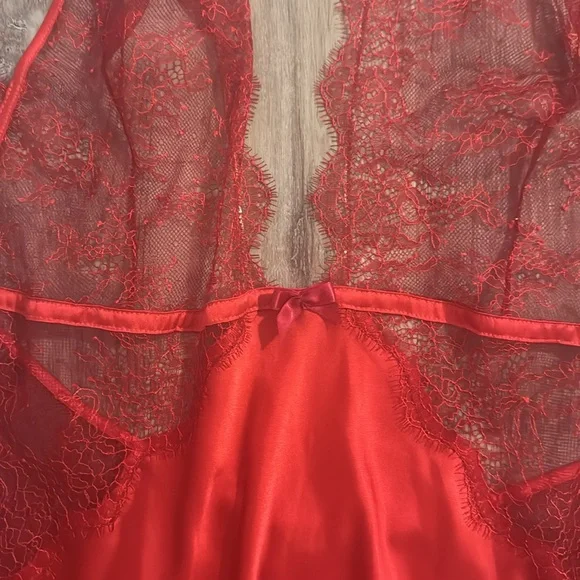 victoria’s secret maxi slip dress, thigh high slit, lace and ribbons intact.